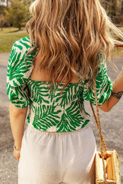 Green Tropical Floral Smocked Cropped Top