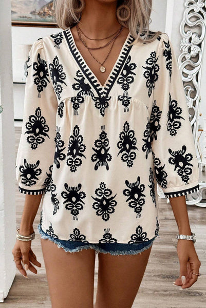 Vintage Print V-neck Top