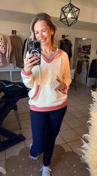 Lace Detail Hooded Pullover with Contrast Trim