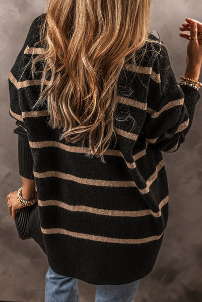 Black and Tan Striped Longer Length Cardigan