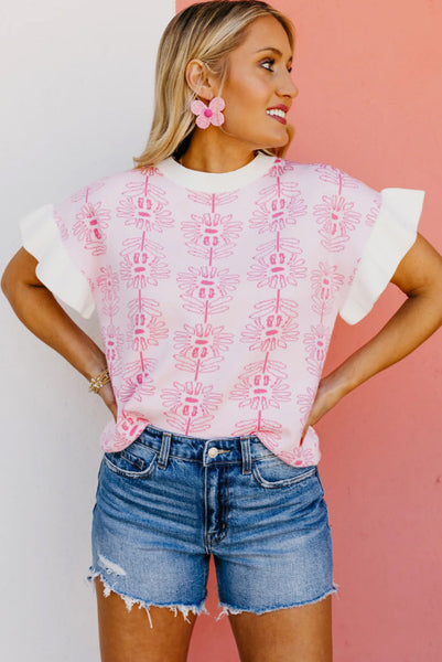 Pink and White Floral Sweater with Frill Sleeves