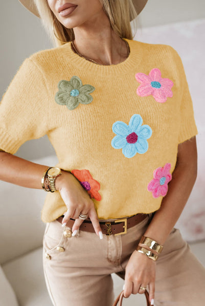 Yellow Sweater Knit Top with Colorful Crochet Flowers