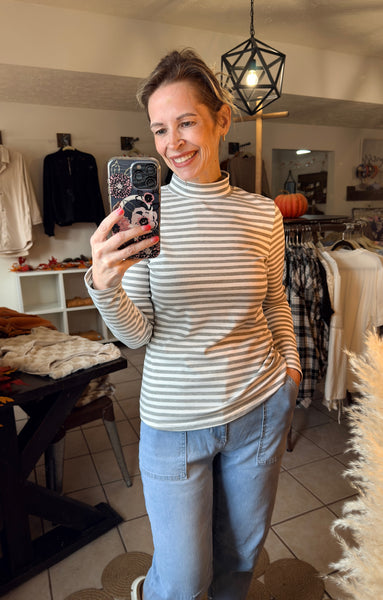 Gray and White Mock Neck Fitted Long Sleeve Top
