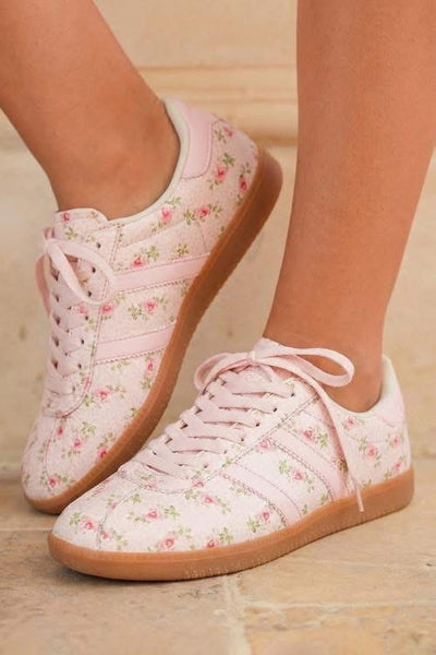 Pink Floral Lace Up Tennis Shoes