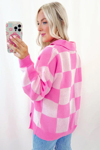 Pink Large Checkerboard Collared Half Button Sweater with Side Slits