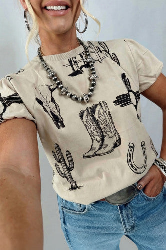 All Over Western Print Poof Sleeve Top