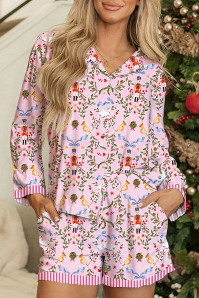 Pink Nutcracker Print Christmas Holiday Shorts and Top Lounge Set