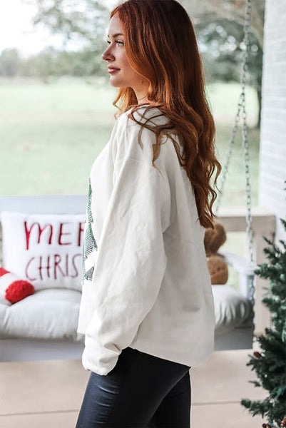 White Plaid Christmas Tree Patchwork with Pearl Details Sweatshirt Pullover