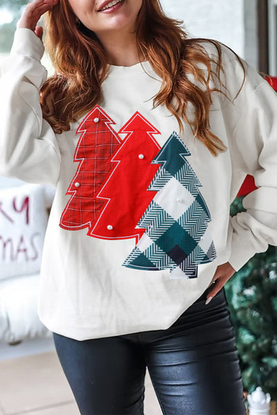 White Plaid Christmas Tree Patchwork with Pearl Details Sweatshirt Pullover