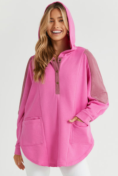 Oversized Mixed Material Henley Style Hooded Pullover with Scoop Hemline - Multiple Color Options