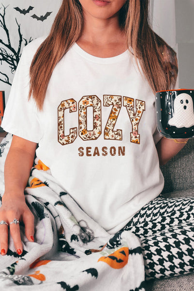 White Short Sleeve Cozy Season with Floral Lettering Tee
