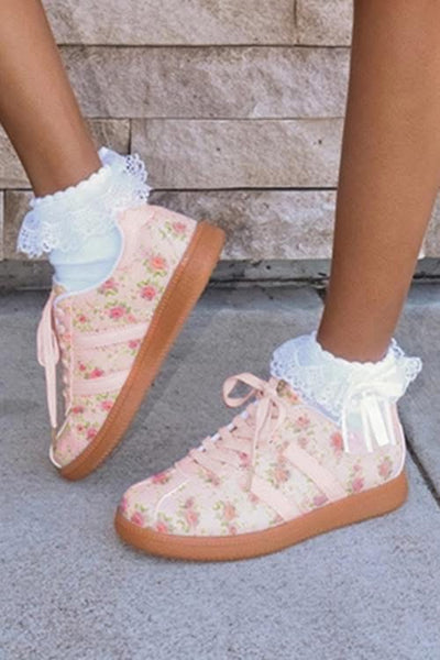 Pink Floral Lace Up Tennis Shoes