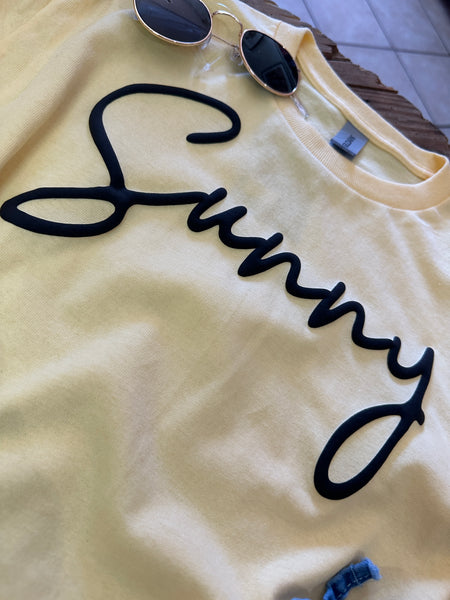 Yellow with Black ‘Sunny’ Puff Script Lettering Tee