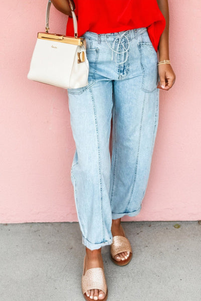 Light Wash Drawstring Waist Barrel Jeans