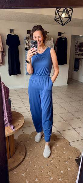 Blue Elastic Waist Sleeveless Jumpsuit
