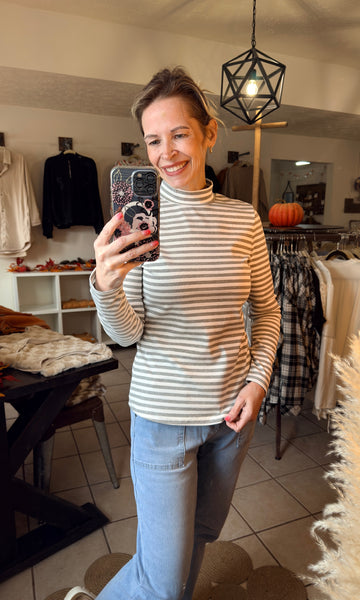 Gray and White Mock Neck Fitted Long Sleeve Top