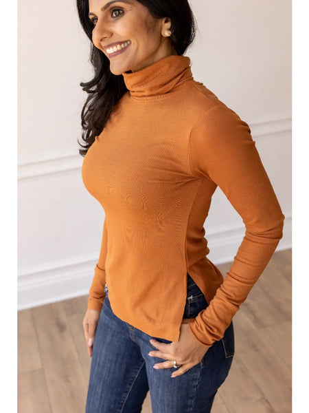 Rust Fitted Long Sleeve Turtleneck with Side Slits