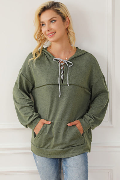 Green Lace Up Neck Hooded Pullover with Kangaroo Pocket