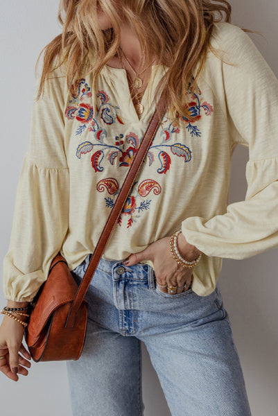 Paisley Floral Embroidered Boho Long Sleeve Top with Notch V-Neck