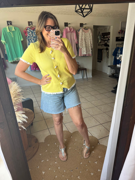Yellow Short Sleeve Button Up Sweater