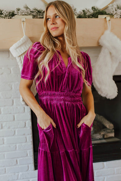 Deep Rose Pink V-neck Velvet Maxi Dress with Smocked Waist