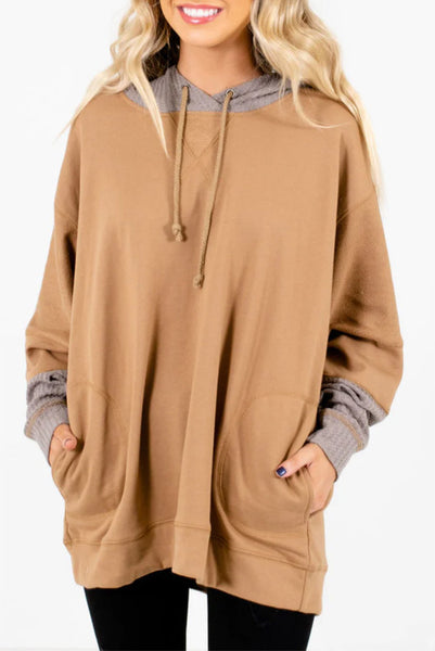 Tan and Taupe Waffle Knit Hooded Pullover