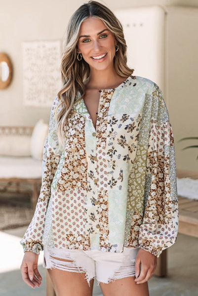Mixed Floral Patchwork Long Puff Sleeve Top