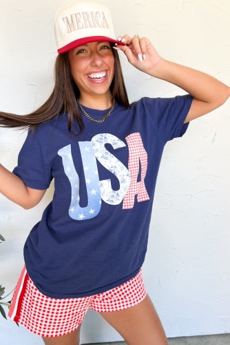 Navy Blue Tee with Mixed Pattern USA Graphic - Patriotic - 4th of July - Memorial Day - Veteran's Day - USA