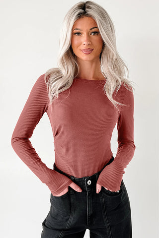 Rust Ribbed Fitted Long Sleeve Bodysuit