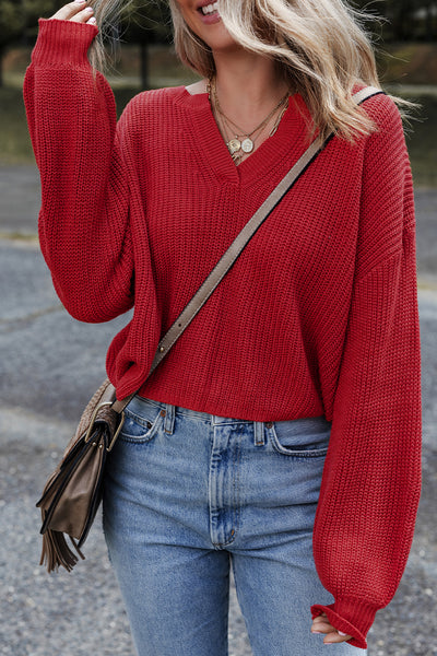Red Textured Knit V-Neck Drop Shoulder Sweater