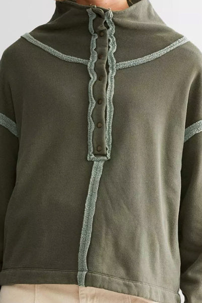 Olive Henley Style Mixed Materials Pullover