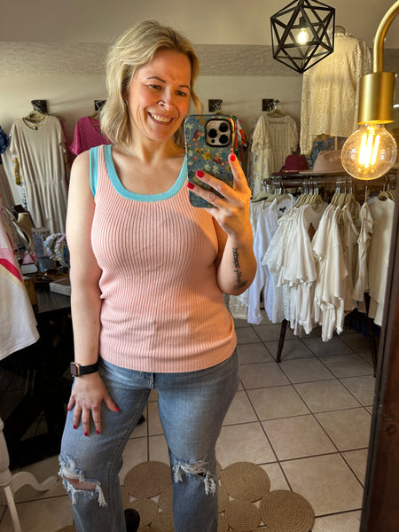Pink Ribbed Tank with Sky Blue Contrast Trim - Colorblock Tank