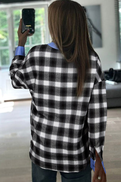 Black and White Plaid with Contrasting Blue Striped Trim Henley Long Sleeve Top