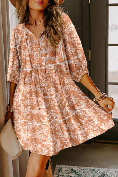 Peach Floral Contrast Trim Swing Dress with Button Tie V-Neckline