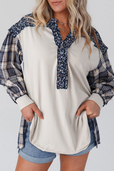 Blue Plaid and Floral Top - Navy - Curvy and Regular Sizing