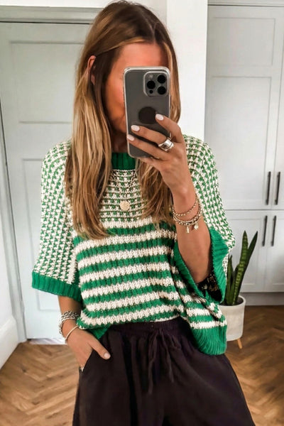 Green Striped Colorblock 3/4 Draped Sleeve Relaxed Sweater