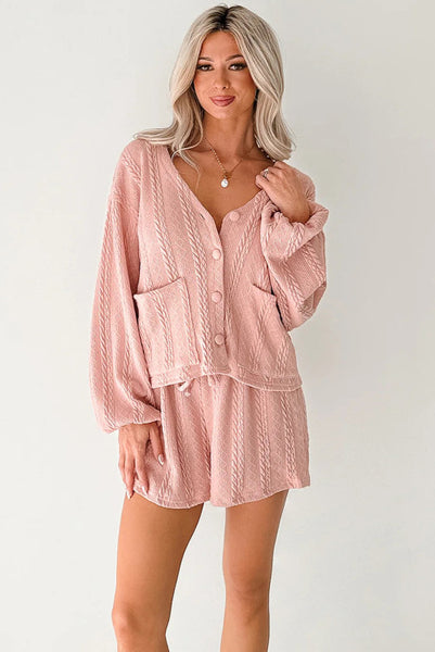 Pink Cable Knit Button Front Cardigan and Shorts Set