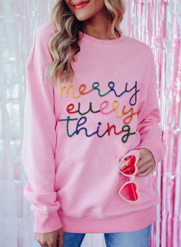 Merry Everything - Pink Pullover with Colorful Tinsel Lettering