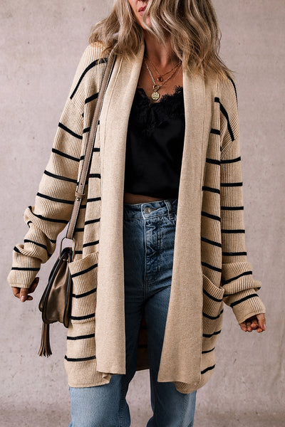 Black Striped Open Front Cardigan with Pockets