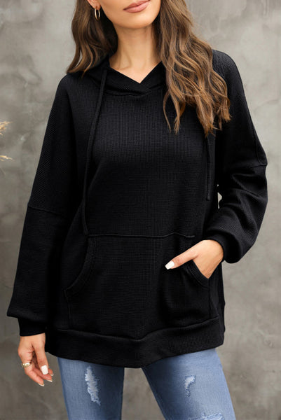 Black Waffle Knit Hooded Pullover