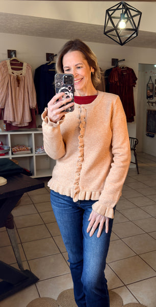 French Beige Ruffle Trim Cardigan with Gold Button Detailing