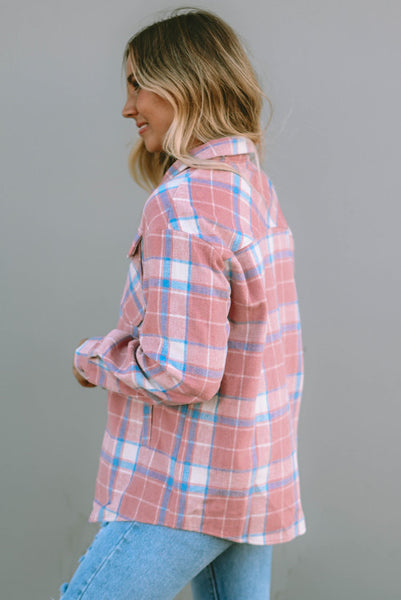 Pink Plaid Button Up Shacket with Flap Pockets and Slant Pockets