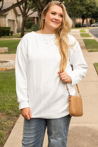 Curvy White Long Sleeve Cable Knit Textured Top