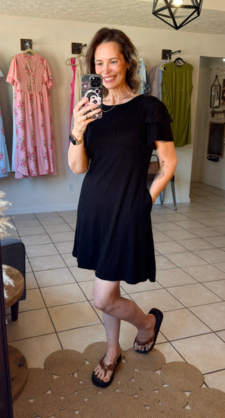 Black Ruffle Sleeve Dress with Pockets