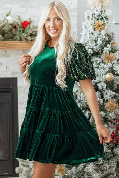 Evergreen Velvet Tiered Flowy Skirt with Sequined Puff Sleeves