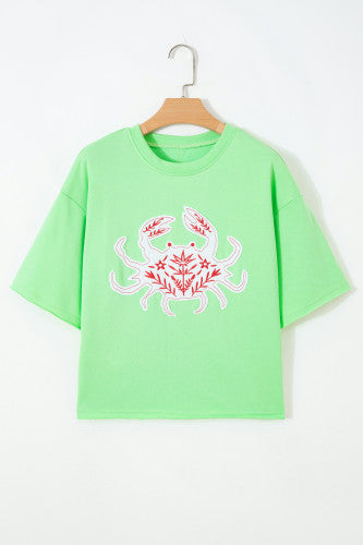 Oversized Embroidered Crab Green Top