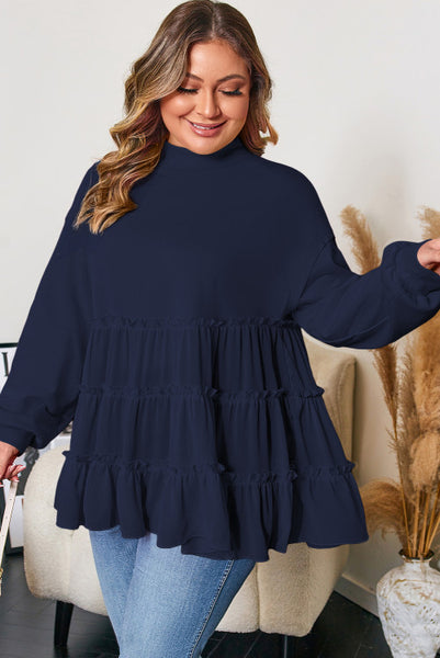 Curvy Flowy Navy Blue Ruffle Tiered Babydoll Top