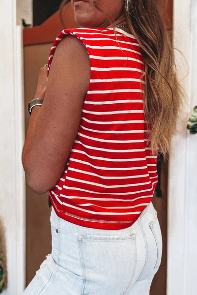Red and White Striped Sleeveless Top with Contrast Trim