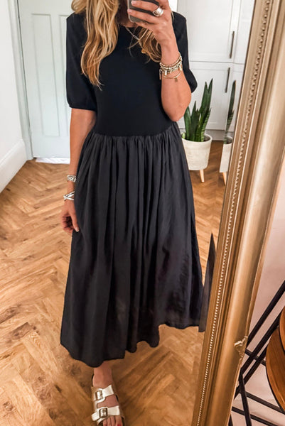 Black Short Sleeve Knit Top Patchwork Maxi Dress