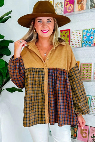 Mustard and Plaid Colorblock Babydoll Button Up Top